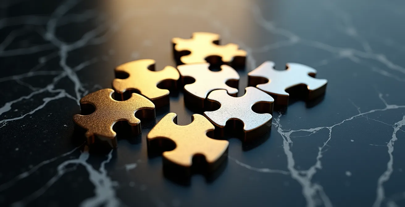 Pièces de puzzle métalliques s'assemblant pour former une structure cohérente