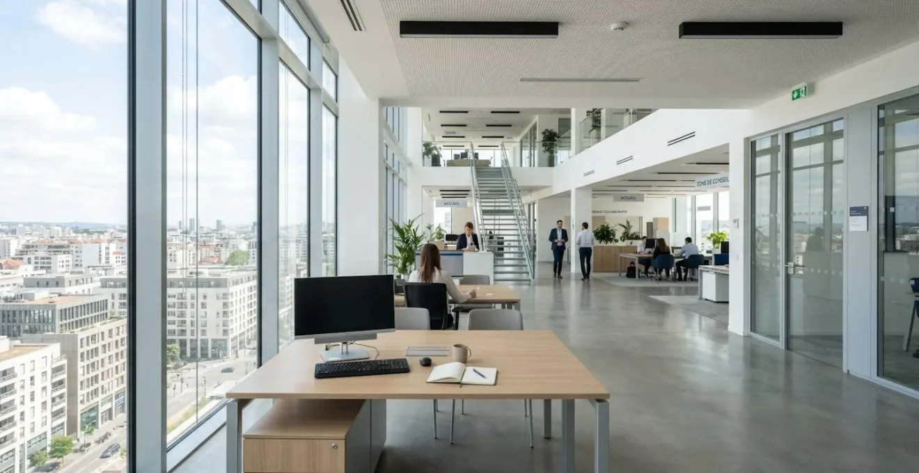 Intérieur d'une agence bancaire contemporaine française avec bureau de conseiller au premier plan et larges baies vitrées diffusant une lumière naturelle abondante