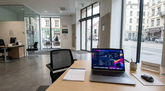 Intérieur d'une agence bancaire contemporaine française avec bureau de conseiller au premier plan et larges baies vitrées diffusant une lumière naturelle abondante