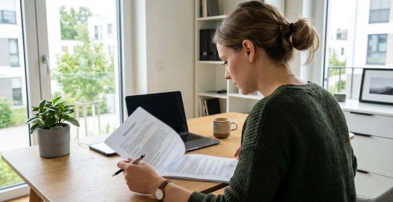 Consultant indépendant vu de dos à son bureau contemporain, consultant un document administratif dans une ambiance lumineuse et apaisée