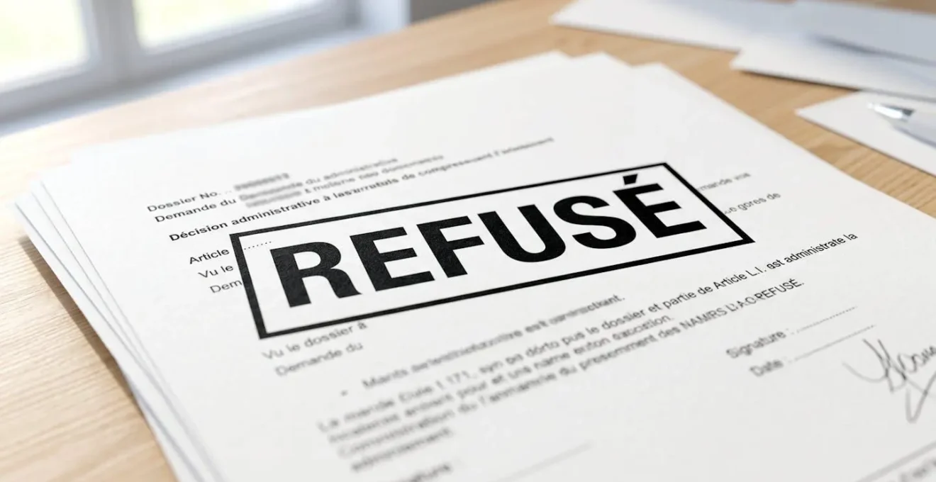 Gros plan sur un tampon administratif marqué REFUSÉ posé sur des documents financiers floutés, avec un effet de profondeur de champ créant un bokeh sur les papiers en arrière-plan
