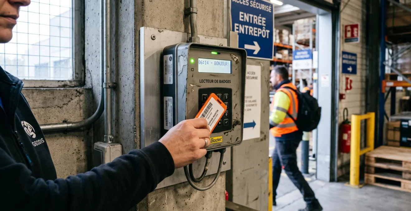 Un salarié badoge sur une borne de pointage fixée au mur à l'entrée d'un entrepôt.