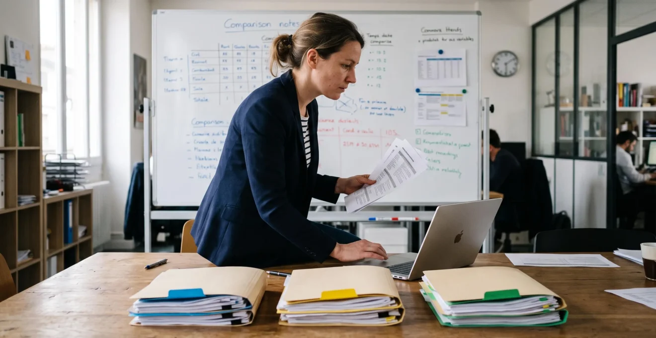 Une responsable RH compare sur une table de travail des dossiers et des notes pour différencier trois familles de solutions logicielles.