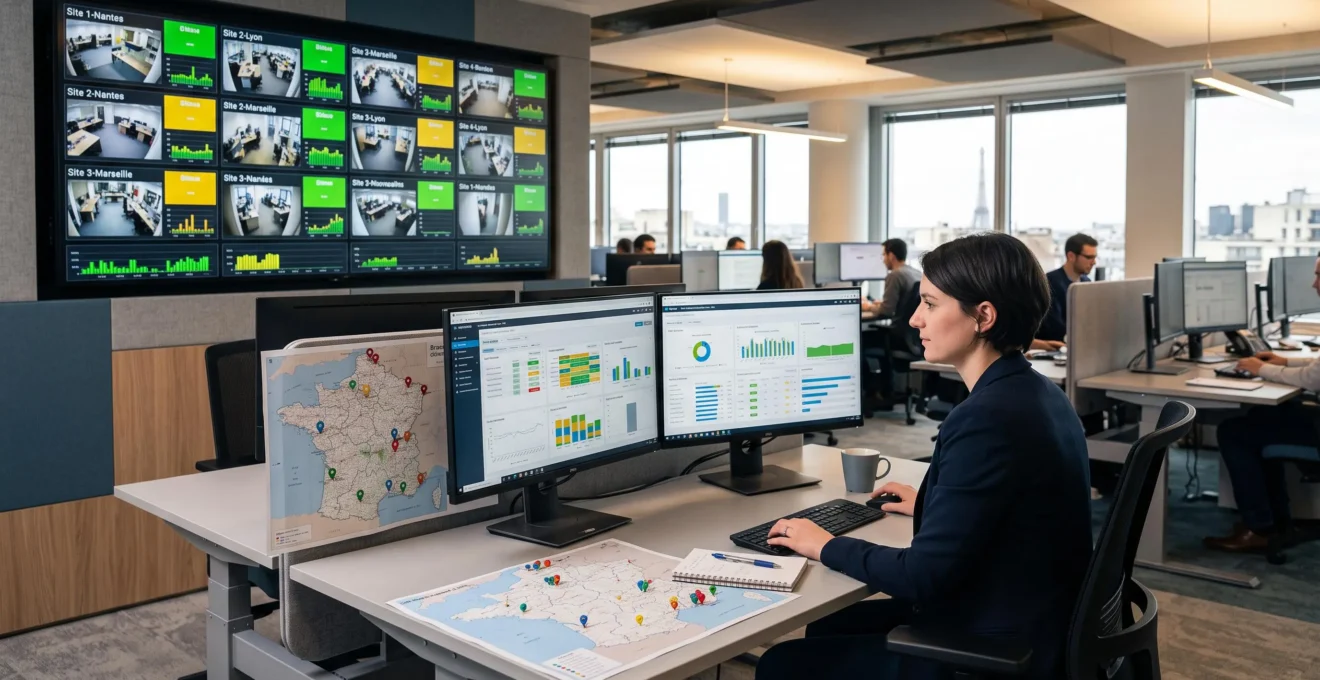 Une analyste RH pilote depuis un poste de contrôle les plannings et les présences de plusieurs sites sur des écrans de supervision.