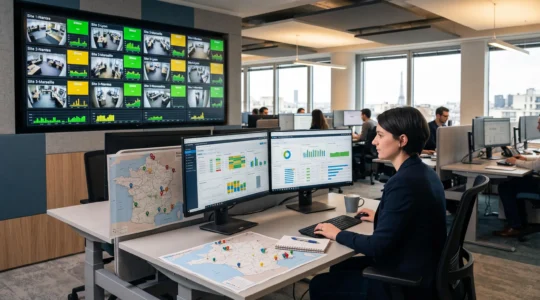 Une analyste RH pilote depuis un poste de contrôle les plannings et les présences de plusieurs sites sur des écrans de supervision.