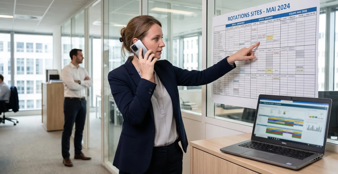 Une responsable RH en appel valide un planning de rotations entre plusieurs sites dans un bureau ouvert.